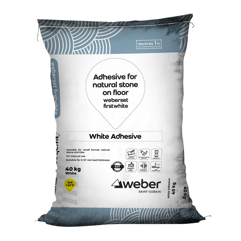 weberset firstwhite tile adhesive for fixing small format natural stone on floor and small to medium format ceramic tiles on floor and wall.