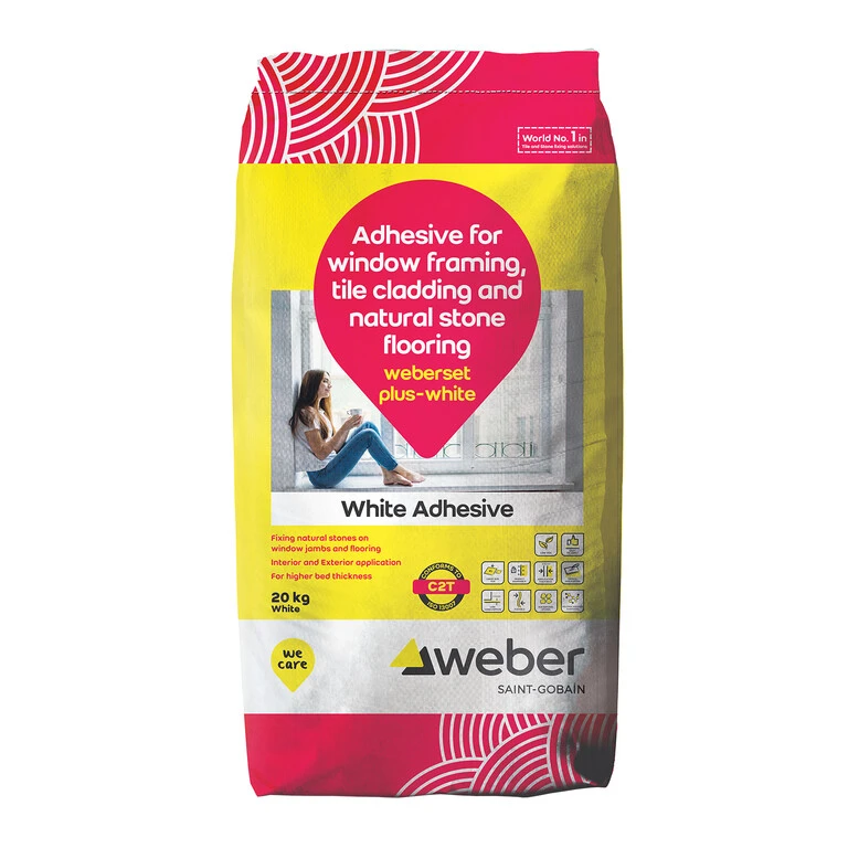 weberset plus white tile adhesive for window framing, tile cladding, natural stone flooring